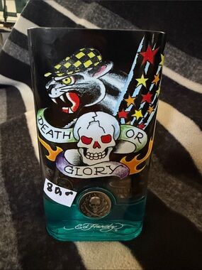 Ed Hardy Black Glass Fragrance Bottle with Teal Base and Multicolor Tattoo Art